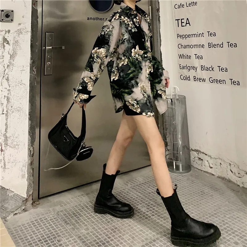 DARK 2020 Autumn Korean Ins Harajuku Self-collar Tie Retro Oil Painting Long-sleeved Shirt Men And Women Autumn Jacket