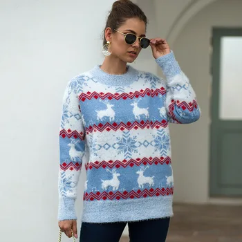 

2019 New Christmas Print Sweater Women Winter Warm Knitted Pullover Female Jumper Long Sleeve Knit Top snowflake fawn sweater