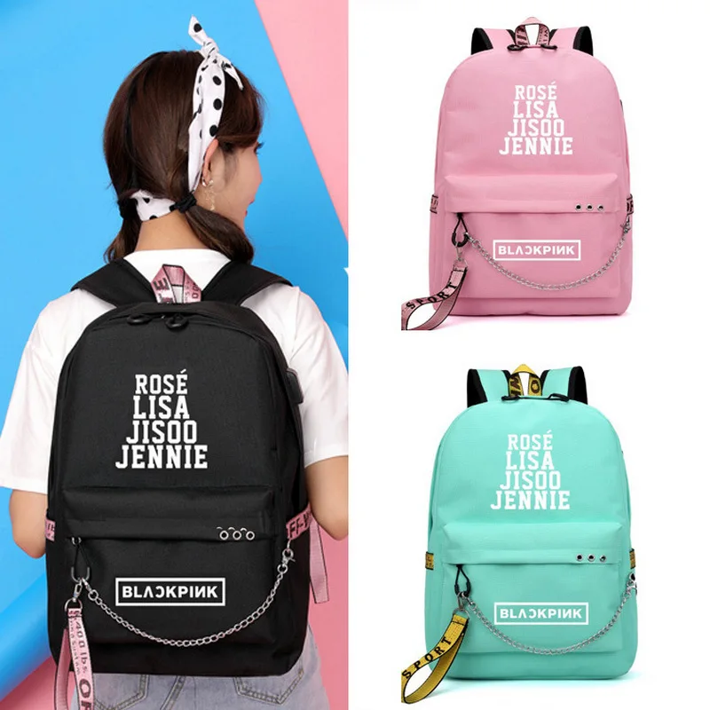 

Kpop BLACKPINK LISA Backpack Women Korea Student School Bags for Teenage Girls Boys Large Nylon Chain Back Pack USB Bagpack