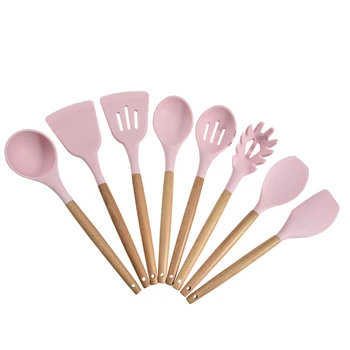 

Pink Silicone Kitchen Cooking Untensils Set Kit of 8PCS Heat Resistant Household Cooking Tool Nonstick Cookware Kitchenware