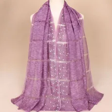 2020 New Women Hijab Plain Iron Beads Scarf Polyester Silk Scarves Studs Silver Pearls Headband Wrap Muslim 170*75cm 1PC Retail |