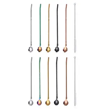 

Stainless Steel Long Twisted Straw Spoon Stirring Scoop with Brush Cocktail Bar