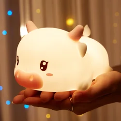 Veilleuse en forme de vache pour enfants, veilleuse Kawaii pour bébé avec 7 LED aux couleurs changeantes, lampe de nuit Squishy à commande tactile 