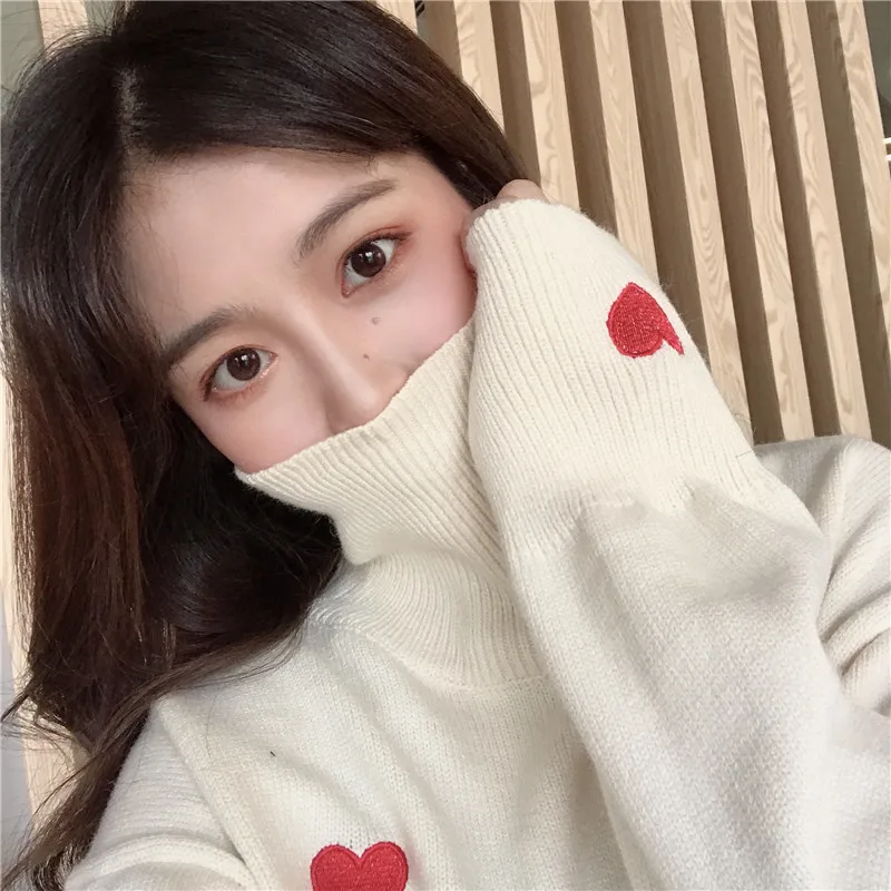 Autumn Winter Korean Sweet Turtleneck Sweaters Women Fashion Cute Love Heart Embroidery Loose Jumper Female All Match Knit Tops | Женская