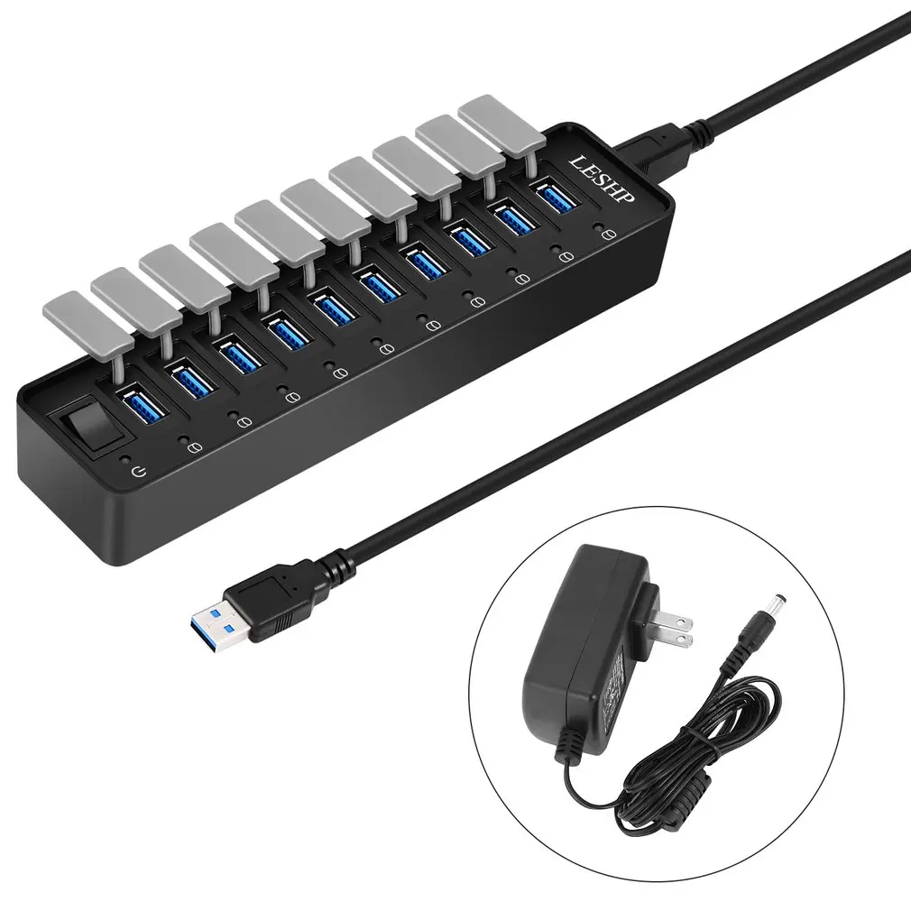 

10 Ports USB 3.0 Hub High Speed 5Gbps USB 3.0 Data Hub Splitter with LED & Switch External Power Adapter for PC Laptop US Plug