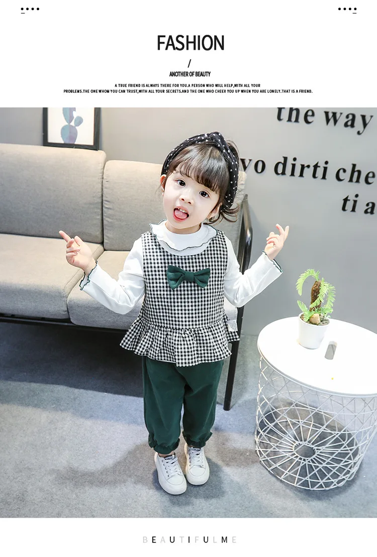 Girls Autumn Set Bow Plaid 3pcs Set Baby Girls Plaid Suit 10.11