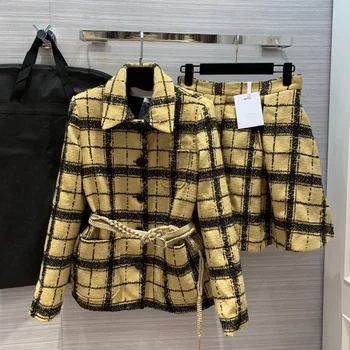 

top quality silk & wool blends tweed 2 piece set women contrast plaid woven jacket with a-line mini skirt suit retro outfit S82