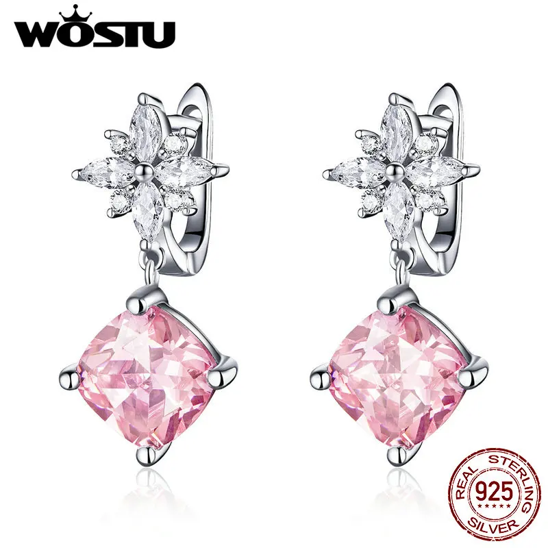 WOSTU серьги-подвески с розовым цветком сакуры, 925 пробы, серебро, прозрачный CZ Кристалл, висячие серьги для женщин, серебро 925, ювелирное изделие CTE075