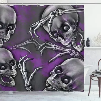 

Skull Shower Curtain Scary Creepy Spooky Happy Smiling Skeleton with Boned Hand Artwork Print Cloth Fabric Bathroom Decor