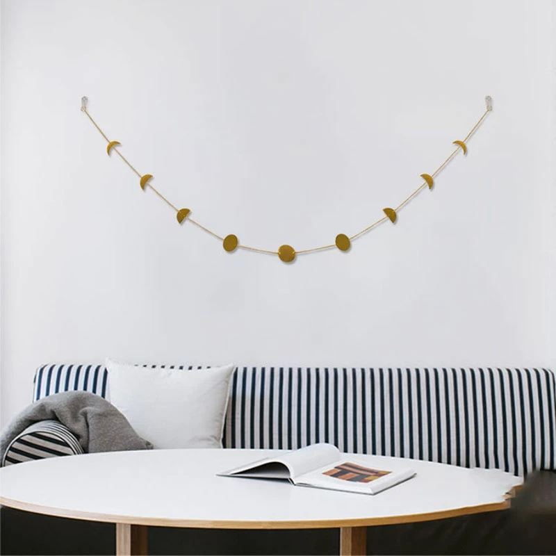 Moon Phase Wall Art, Moon Garland with Chains Celestial, Boho Gold Shining Wall Hanging Ornaments, Room Wall Decor for Apartment
