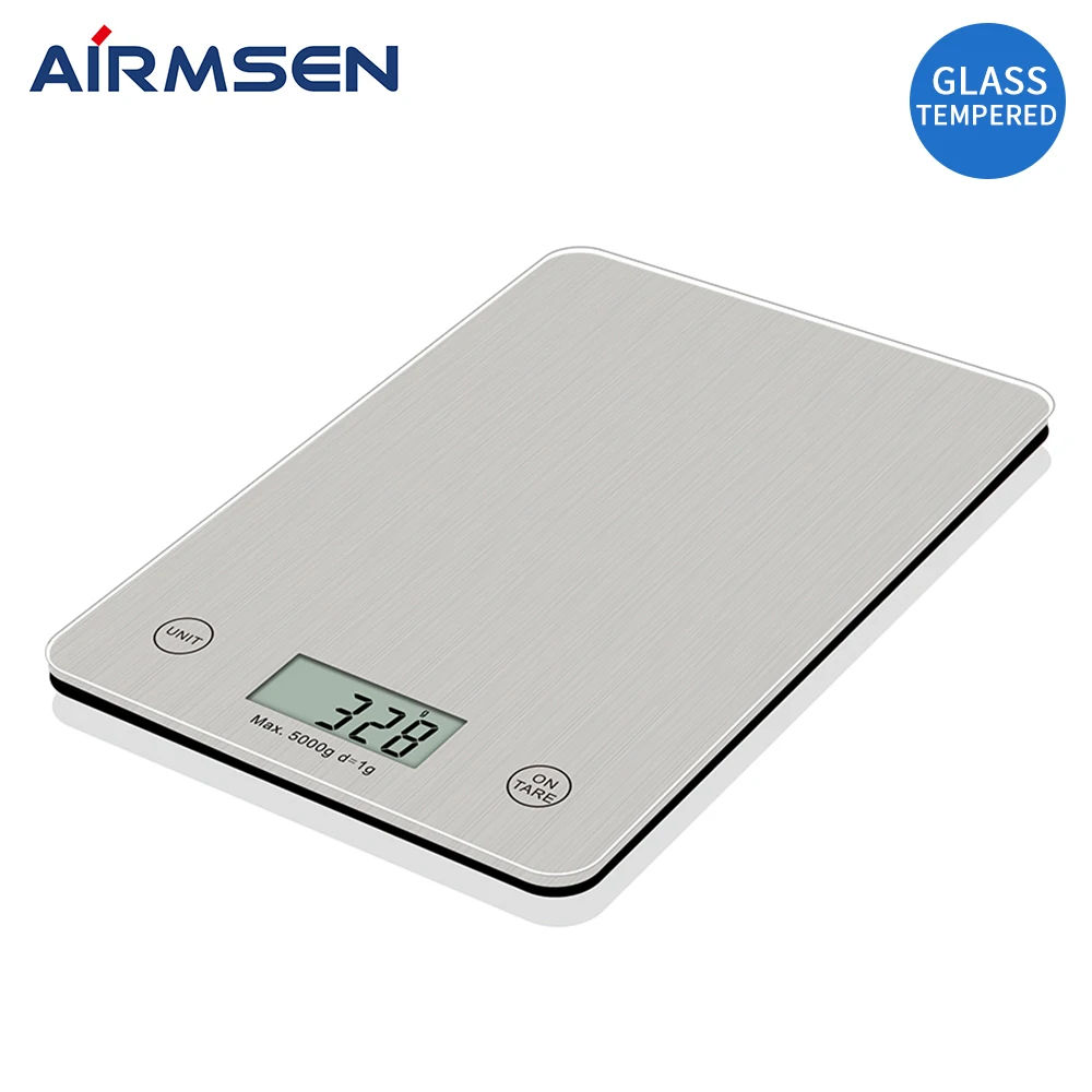AIRMSEN-báscula de cocina para el hogar, 11 libras/5KG, balanza electrónica para alimentos, herramienta de medición, proceso de dibujo de cable de vidrio templado