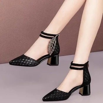 

2020 High Heels Sandals Woman Summer Shoes Peacock Pattern Leather Close Pointed Toe Fashion Sexy Rhinestone Women Black Blue