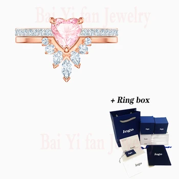 

Fashion SWA New ONE Set Ring Rose Gold Fresh Double Light Pink Heart-Shaped Crystal Female Engagement Ring Romantic Gift