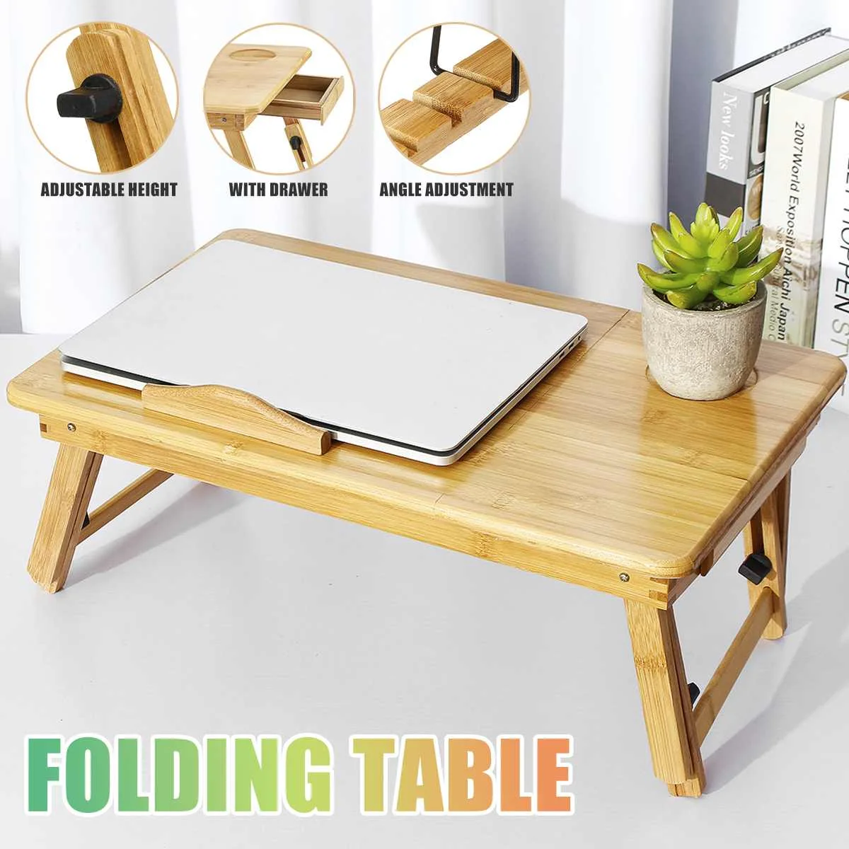 

Bamboo Laptop Table With Fan Portable Folding Laptop Stand Desk Bed Table For Computer Notebook with storage drawer L/M size