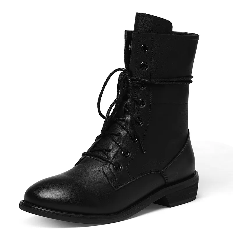 ASUMER/большие размеры 34-42; модные ботинки из натуральной кожи; женские ботильоны на шнуровке; женские ботинки с круглым носком на низком каблуке; сезон осень-зима - Цвет: black with fur