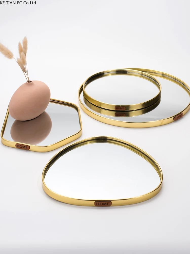 European Golden Glass Mirror Tray Electroplating Metal Jewelry Cosmetics Storage Aromatherapy Pendulum Home Decoration | Дом и сад