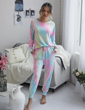 

Women Tie-dye Pajamas Two Piece Sets Casual Round Neck Long-sleeved Top