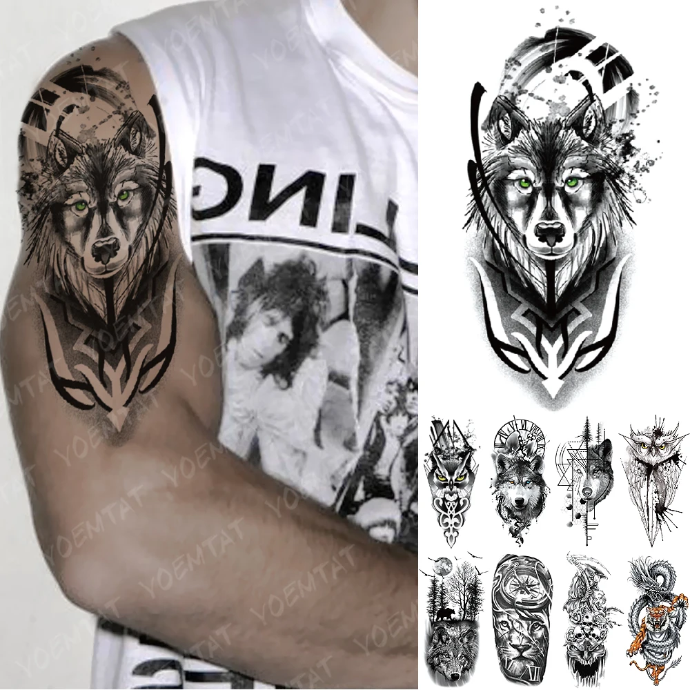

Waterproof Temporary Tattoo Sticker Green Eye Totem Wolf Flash Tattoos Death Lion Crown Body Art Arm Fake Tatoo Women Men