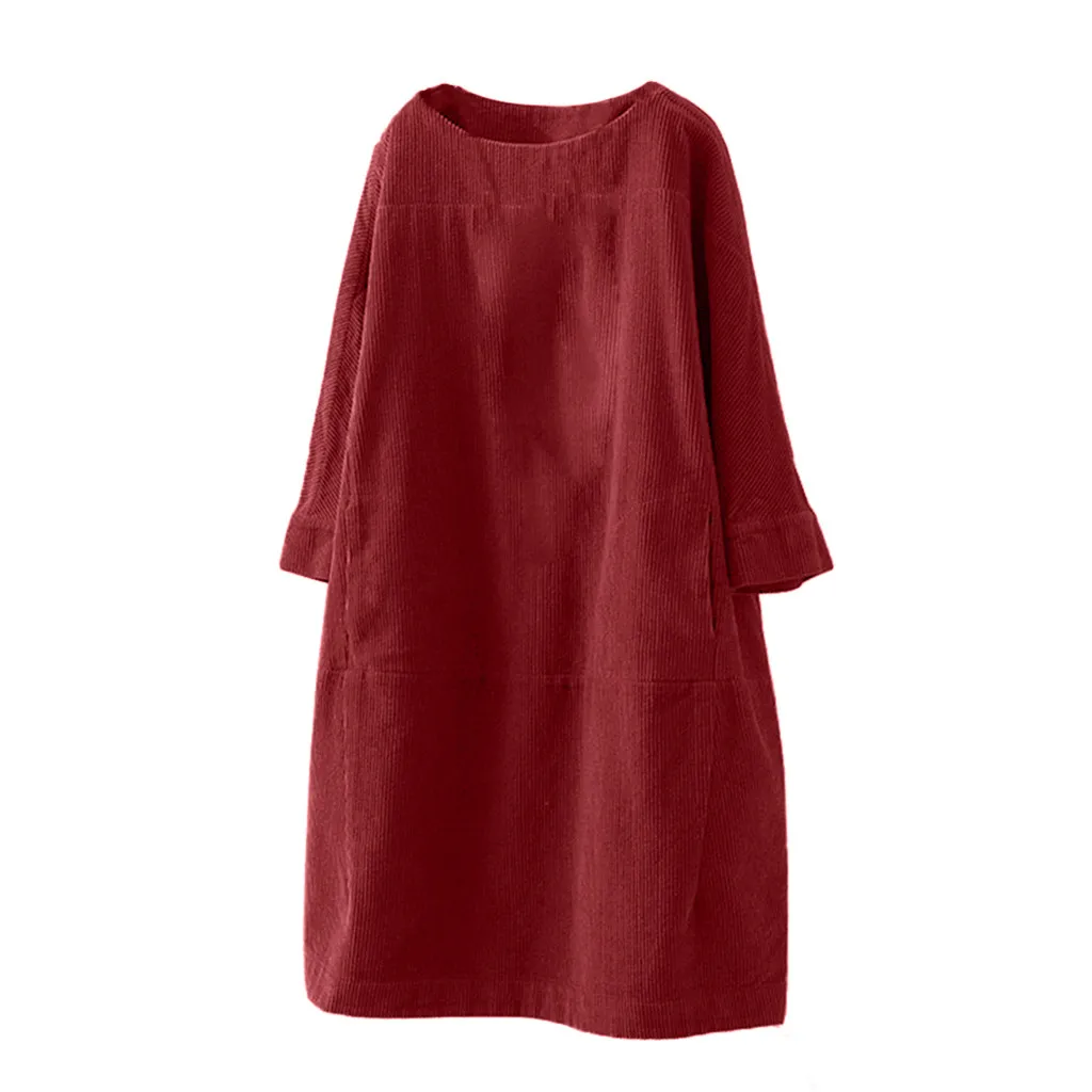Трендовое винтажное вельветовое платье для женщин, одноцветное, с карманами, с длинным рукавом, свободное, повседневное платье, зимние платья, vestido inverno@ 45