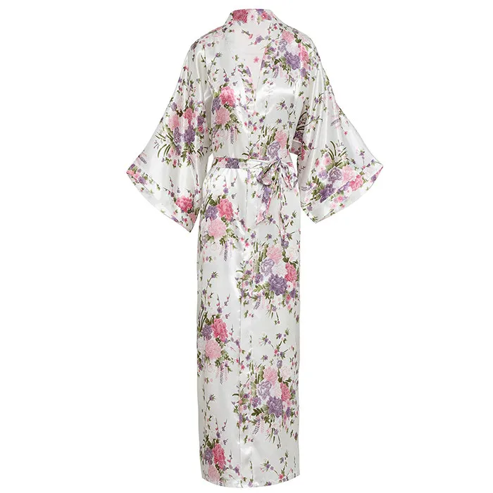 Абсолютно Новое Черное женское атласное кимоно; наряд, длинная сексуальная ночная рубашка, винтажная ночная рубашка с принтом, размер S M L XL XXL XXXL A-045 - Цвет: Long White 2