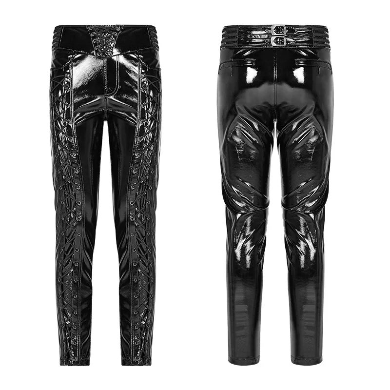 Мужские глянцевые брюки в стиле панк рок черные из лакированной кожи модные