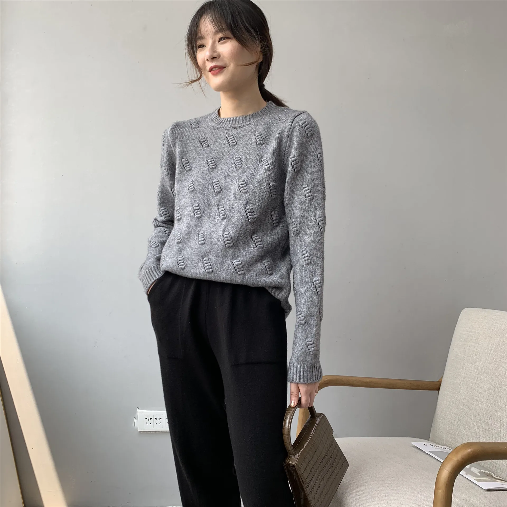 

RZIV Autumn and winter women's sweater casual solid color round neck long sleeve loose sweater