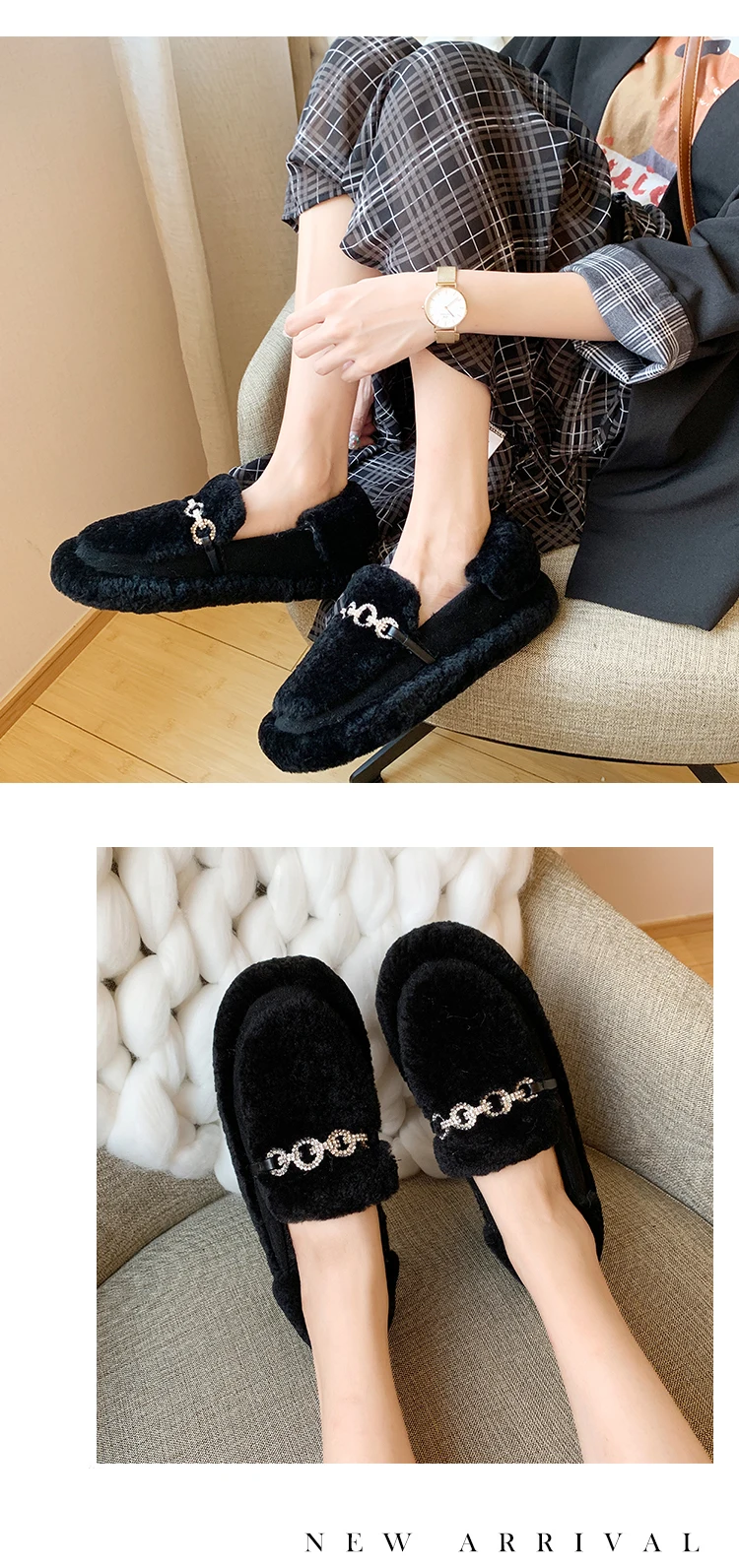 winter warm women cotton shoes creeper bottom anti-skid fur slip-on loafers rhinestone metal chain lazy outside casual moccasins