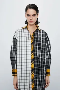 

2020 new Spring Summer European Plaid Stitching zaraing women Shirt Shimmy vadiming sheining female shirt streetwear Hjh2635
