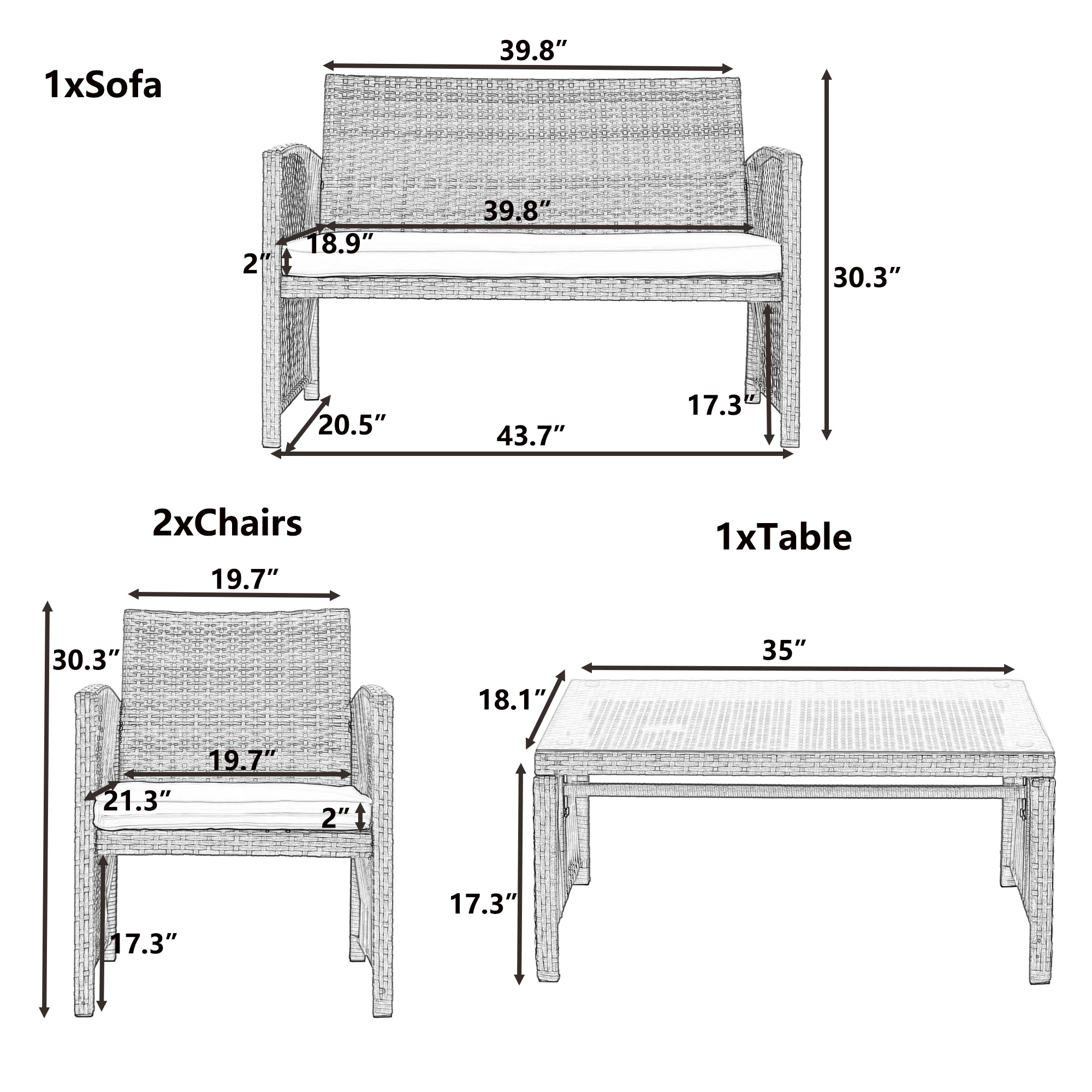 4Pcs Outdoor Patio Furniture Set 3 Rattan Chair Sofa &1 Coffee Table for Garden Backyard Porch&Poolside Gray[US-Stock] outdoor patio furniture