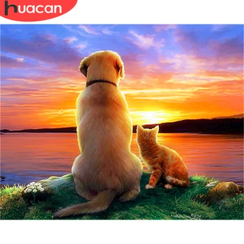 

HUACAN Oil Painting By Numbers Animals Dog DIY Hand Painted Wall Art For Adults Coloring By Numbers Sunset Gift Home Decor