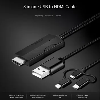 

USB To HDMI Cable Screen Converter Mirroring Multiple Device Super Definition Type-C Micro USB For Lightning Android IOS Support