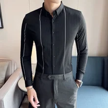 

New Cotton and Linen Brand Men's Shirt Long Sleeve Stripe Business Casual Office Pocket Solid Black and White Dress Shirt Men's