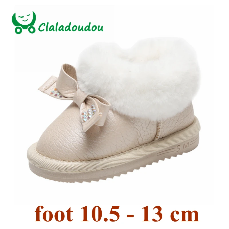Claladoudou/11,5-13,5 см; брендовые Зимние теплые плюшевые ботинки для маленьких девочек; украшение из искусственной кожи; обувь на плоской подошве с бантом для малышей
