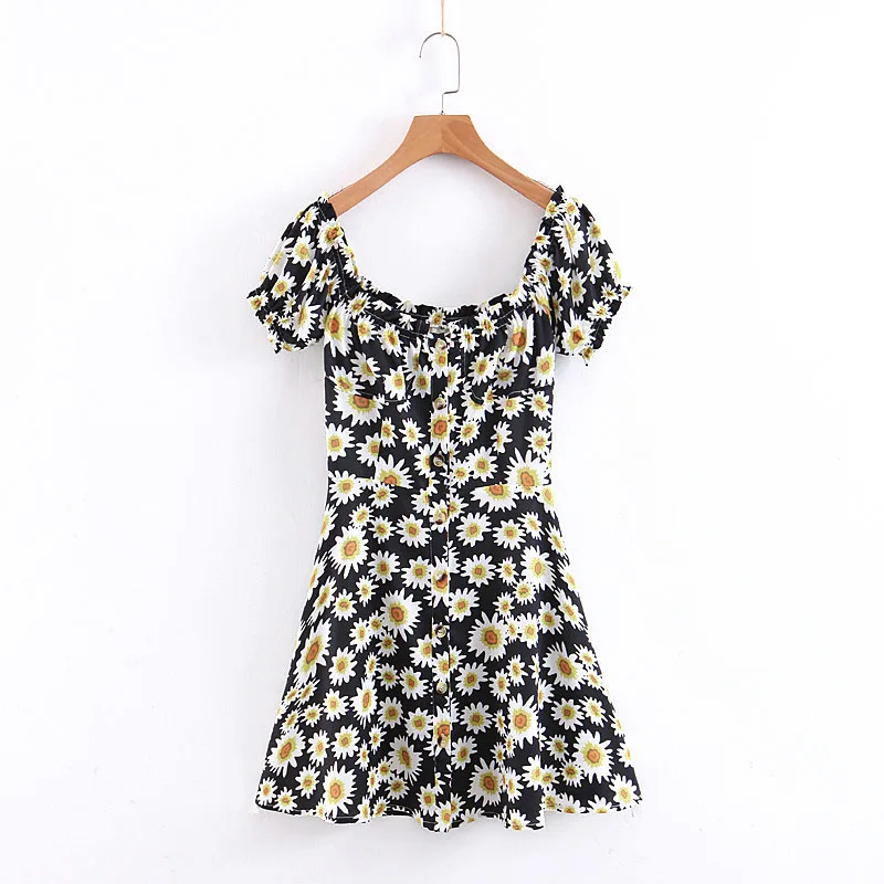 

2019 Western Style Spring And Summer WOMEN'S Dress New Style off-Shoulder Short Sleeve Double Purpose Zou Chrysanthemum Floral P