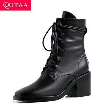 

QUTAA 2020 Women Cow Leather Patent Leather Zipper Mid Calf Boots Autumn Winter Lace Up Retro Square Toe Women Shoes Size 34-39