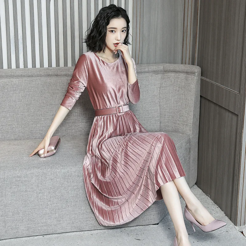 

2018 Autumn And Winter New Style Elegant Western Style Gold Velvet Thick Retro Long-sleeved Dress