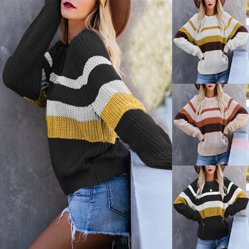 

New Women Autumn Long Sleeve Striped Sweater Loose Fashion Patchwork O Neck Sweater Winter Pullover Sexy Tops Female Top Jumper