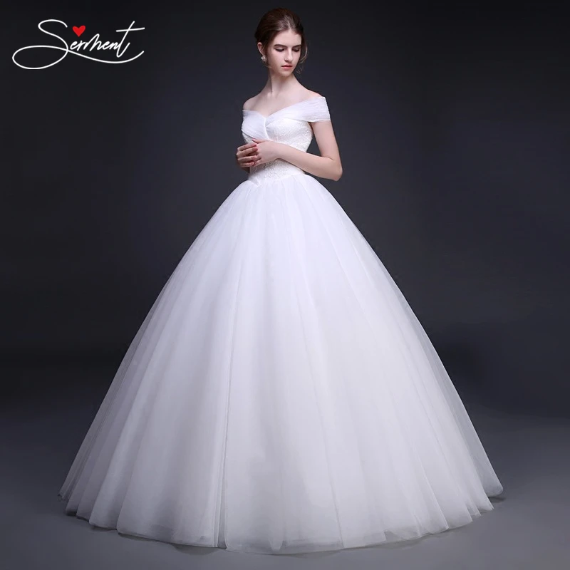 

SERMENT Garden Simple Off The Shoulder Wedding Dress White Style Embroidery Flower Lace Neck Line Free Custom Made Plus Size