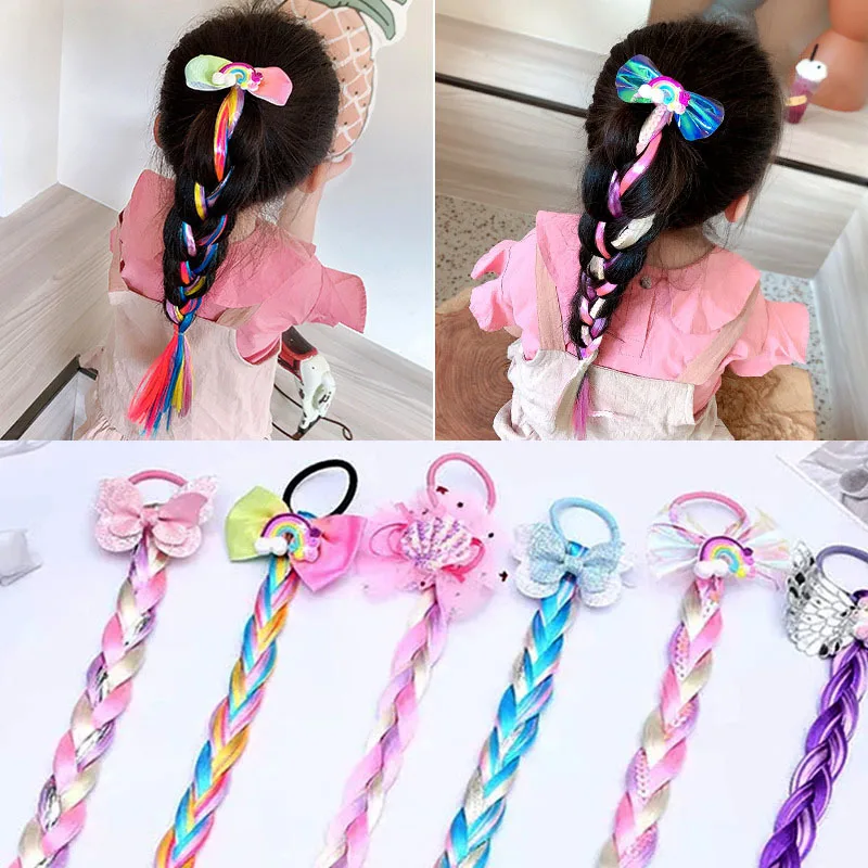Cute Cartoon Childrens Hair Rope Girl Color Wig Braided Ponytail Holder Accessories Fashion Bow Elastic Scrunchie Headdress |