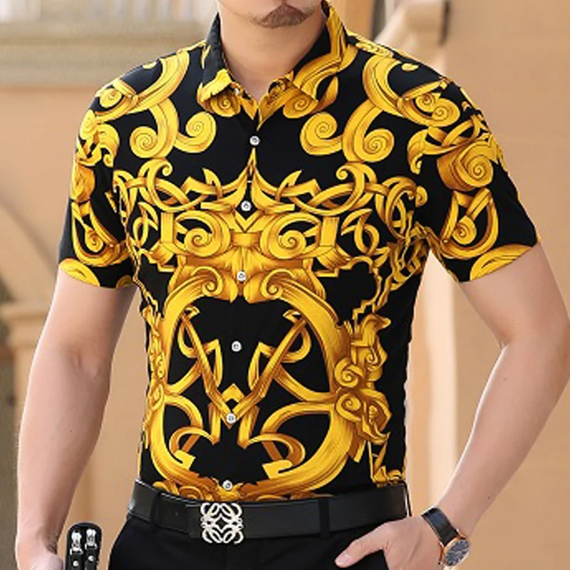

Gold Printed Shirts Mens Plus Size Dress Desigual Stylish Party Shirts Summer Men Fashion 2020 Fancy Club Outfits Large Size