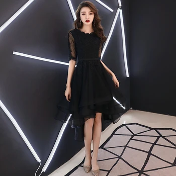 

Lace Mesh Lady Black Evening Party Dress Elegant Short Before Qipao Classic Cheongsam Persepective Half Sleeve Vestidos De Festa