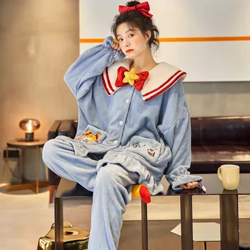 

2020 New Women's Winter Thickened Flannel Pajamas Set Super Cute Adorable Cartoon Home Wear Cloth Outer Wear Girl Warm Nightwear
