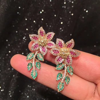 

Bilincolor fashion luxury cz pink flower dangle earring for women