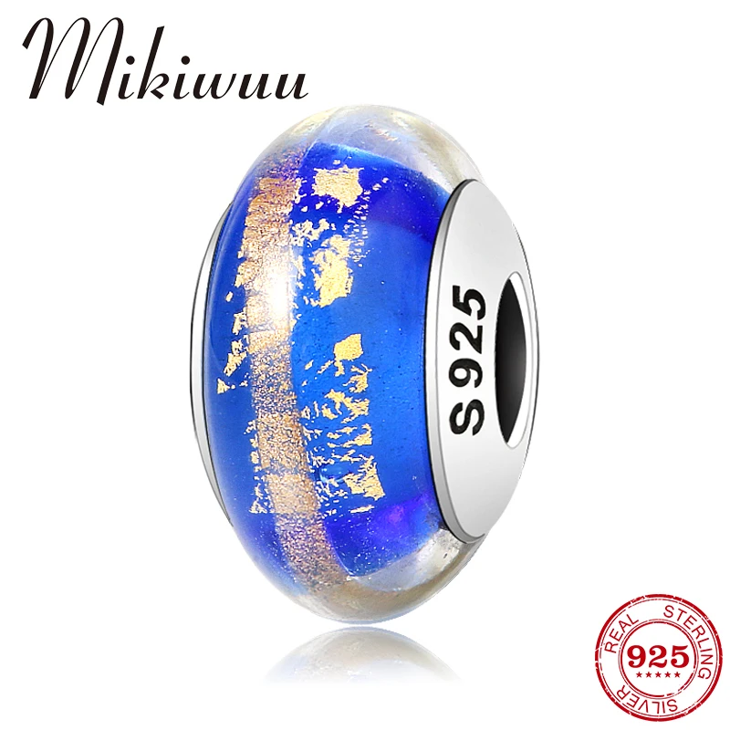 

100 Real 925 Sterling Silver Golden quicksand Blue Murano Glass Beads European style Charm Fit Original Pandora Bracelet Jewelry