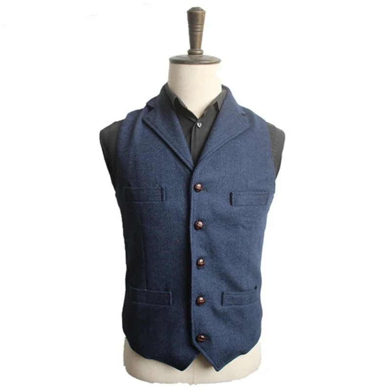

Men's Navy Blue Suit Vest Men Wool Herringbone Tweed Jacket Vintage Autumn Woolen Slim Fit Male Waistcoat 3XL 4XL