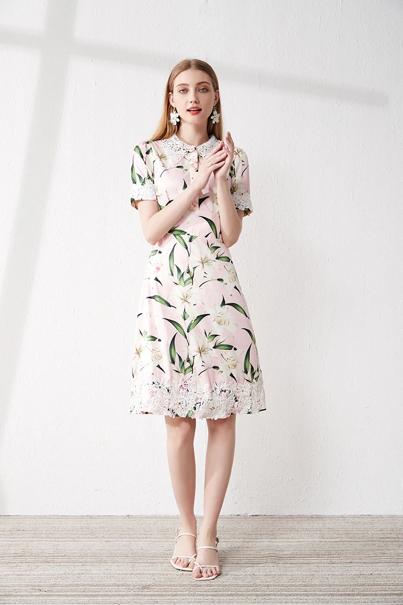 Summer Runway desigher dress High Quality Women Sweet Peter Pan Collar Elegant Chic Lace splice Floral Print Dresses