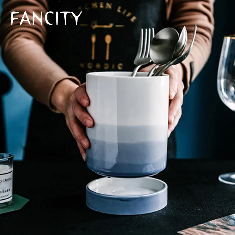 

FANCITY Chopstick holder home Nordic creative ceramic kitchen high-end chopstick cage drain knife fork spoon rack storage tank