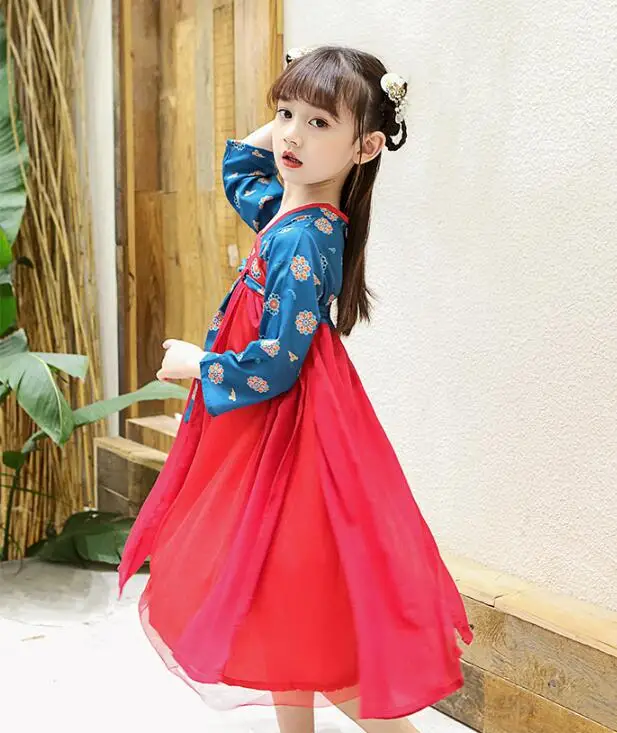 Hanfu/Детское платье для маленьких девочек; элегантные костюмы Феи; костюм Древнего Китая с цветочным принтом; одежда для детей в Корейском стиле