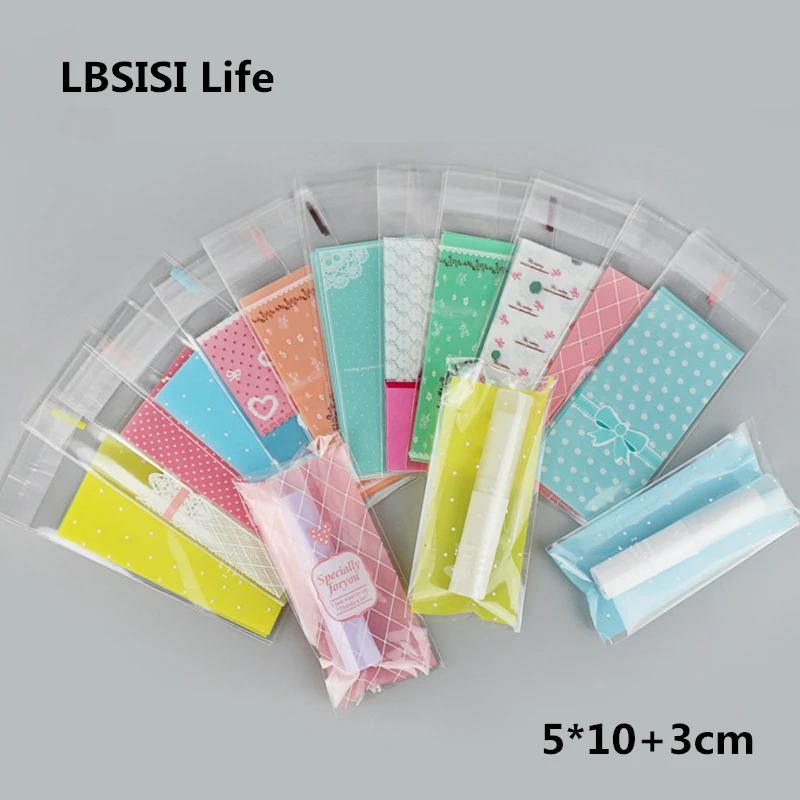 

LBSISI Life 100pcs Lipstick Bags Cute Small Plastic Candy Cookie Packaging Bags Cupcake Wrapper Self Adhesive Bag
