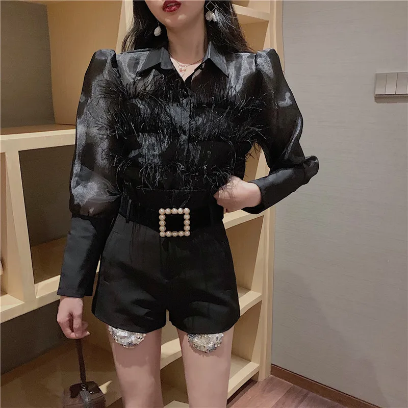 WHITNEY WANG блузки Весенняя мода элегантная сексуальная прозрачная блузка с перьями женские блузы рубашки топы Дамская блуза